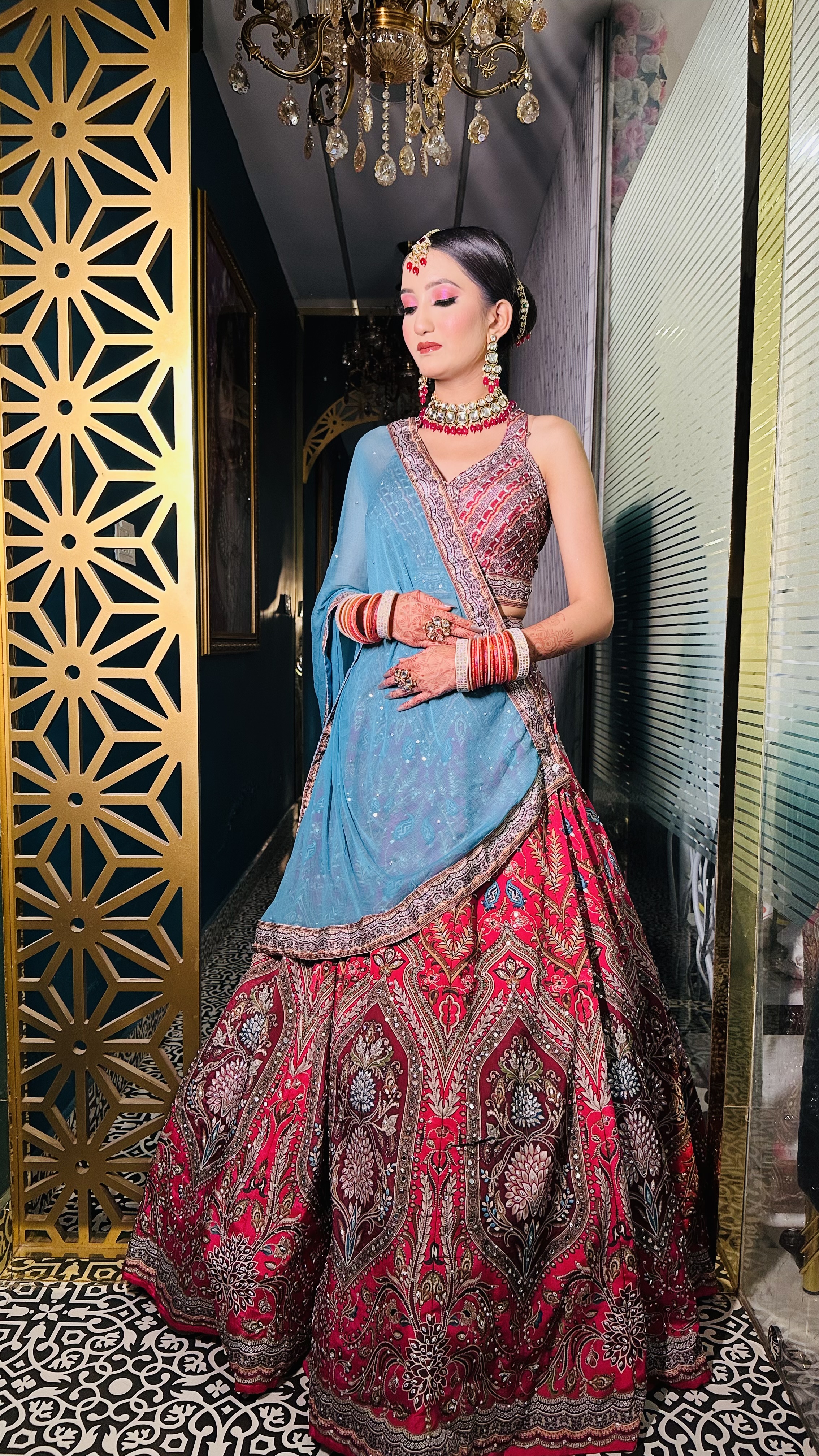 Designer chinon fabric digital printing hand work lehenga