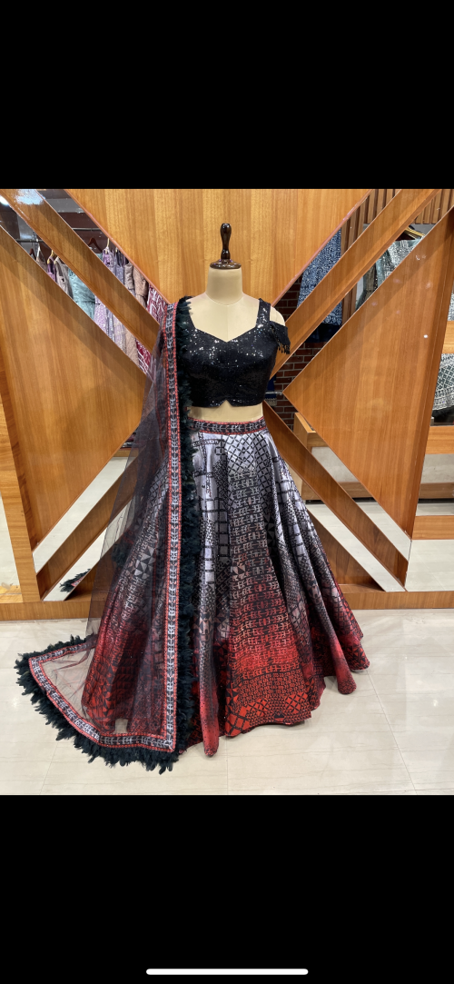 Women’s designer heavy sequence work crop with digital print lehenga with black stone detailing with heavy feather work dupata