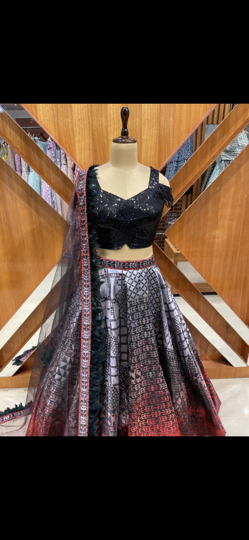 Women’s designer heavy sequence work crop with digital print lehenga with black stone detailing with heavy feather work dupata